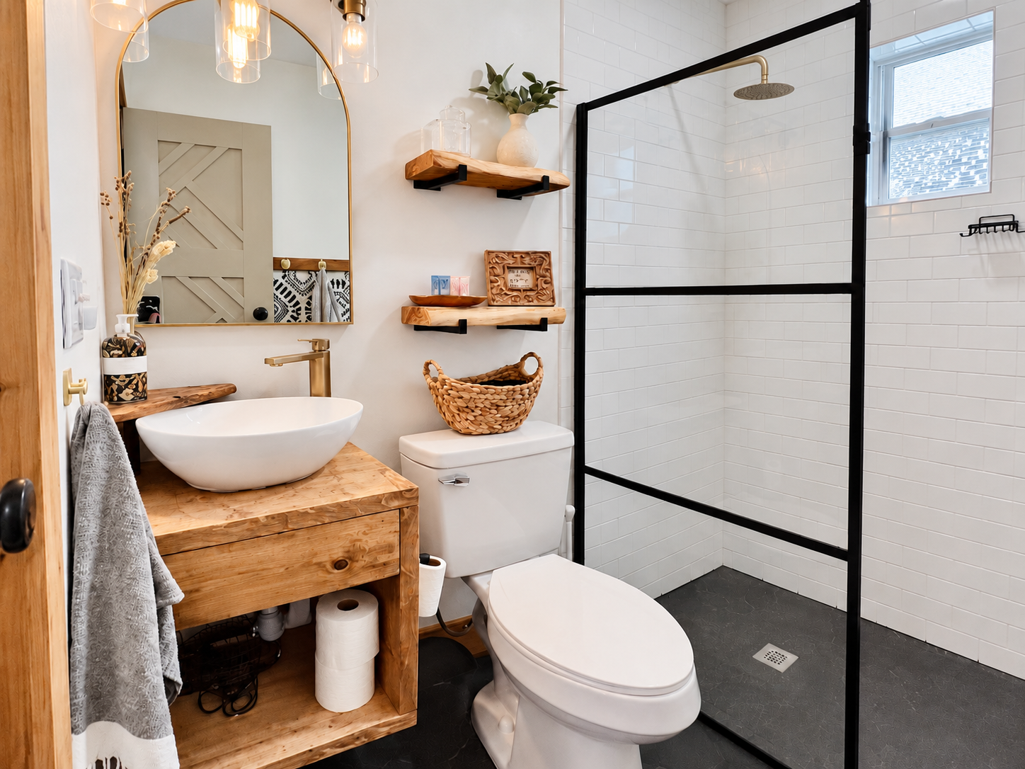 Bathroom after renovation by Madeira Studios — custom vanity and shower
