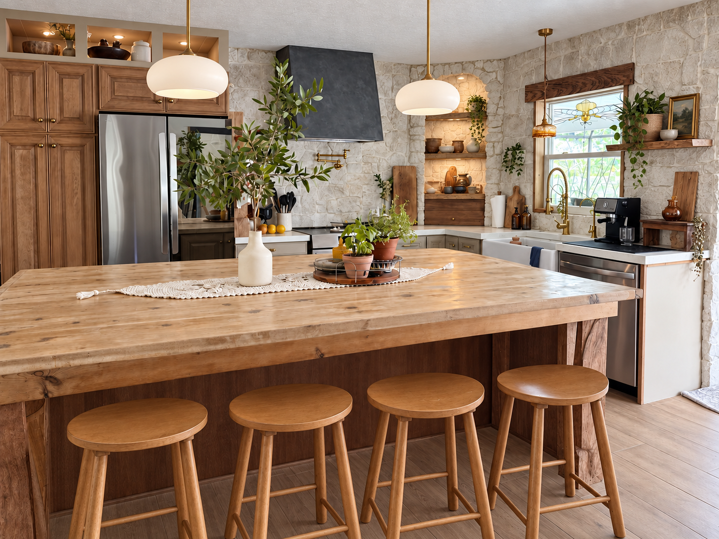 Kitchen after renovation with refinished cabinets, custom island, shelving, and faux stone