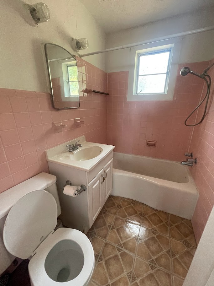 Bathroom before renovation — original pink tile