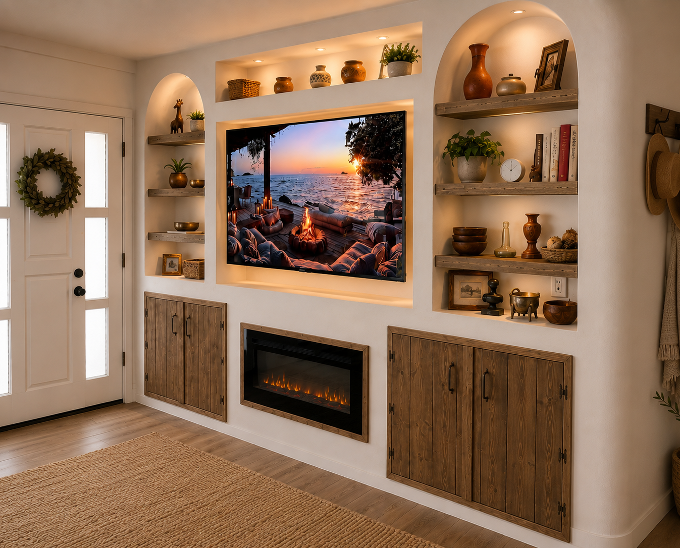 Custom built-in shelving and fireplace by Madeira Studios
